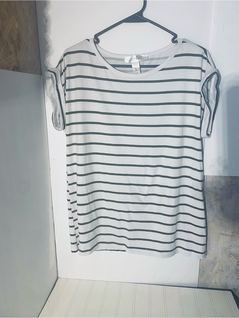 just be White Tee with olive Stripes - Short Sleeve Relaxed Crew